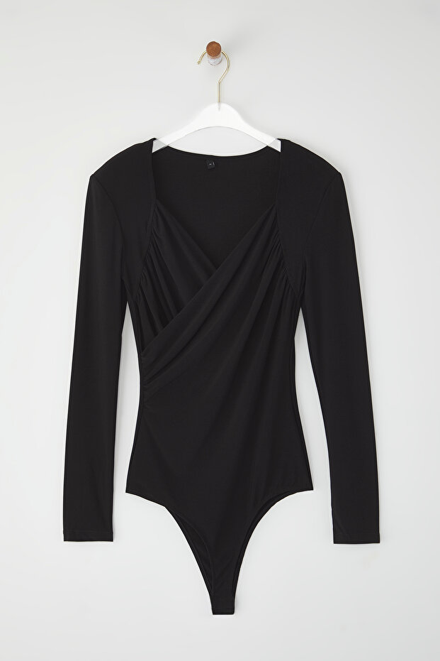 Siyah Vatkalı Drape Detaylı Fitted/Vücuda Oturan Esnek Çıtçıtlı Örme Body TWOAW22BD0156 - 9