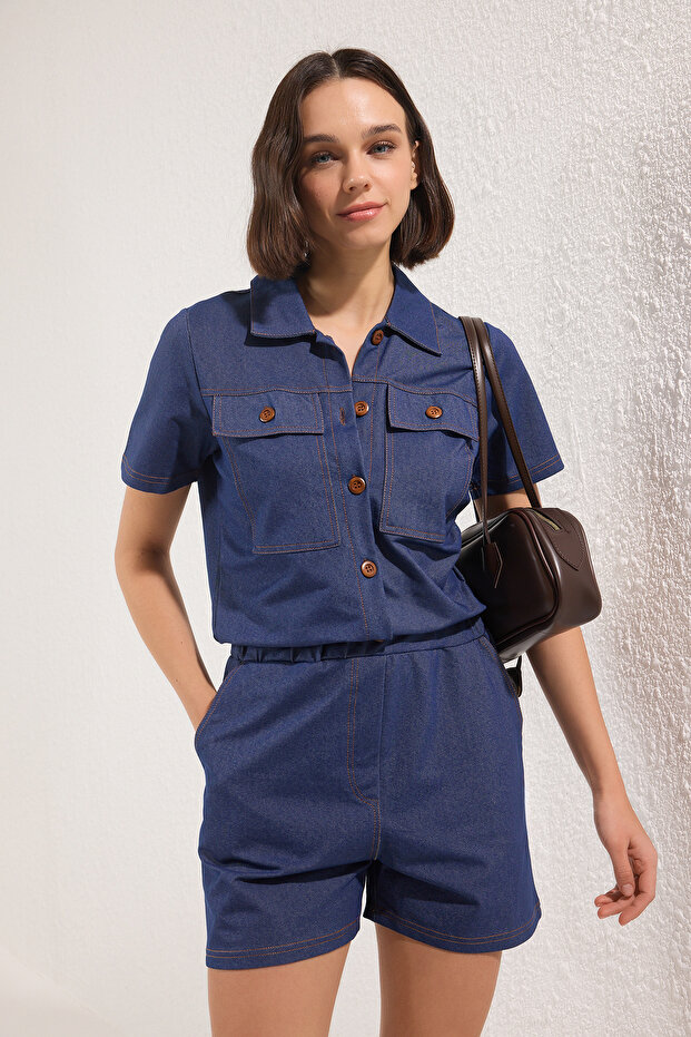 Indigo Denim Görünümlü Düğmeli Kısa Şortlu Tulum TWOSS25TU00044 - 1