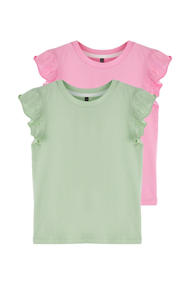 Pembe-Mint Düz Örme T-Shirt TKDSS25TS00011 - 3