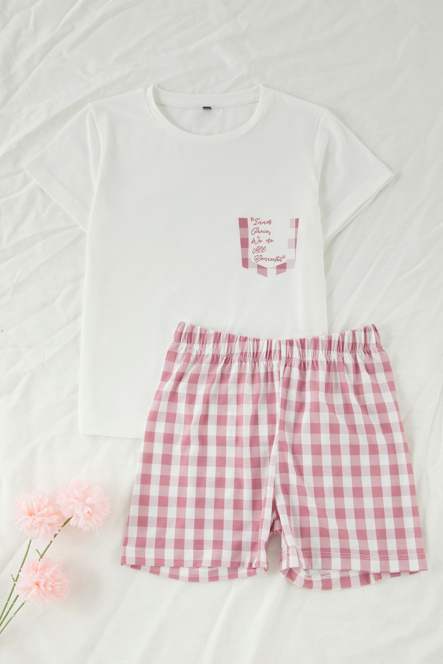 Ekru Kız Çocuk Ekoseli Kısa Kol Şortlu Örme Pijama Takımı TKDSS25PT00034 - 2