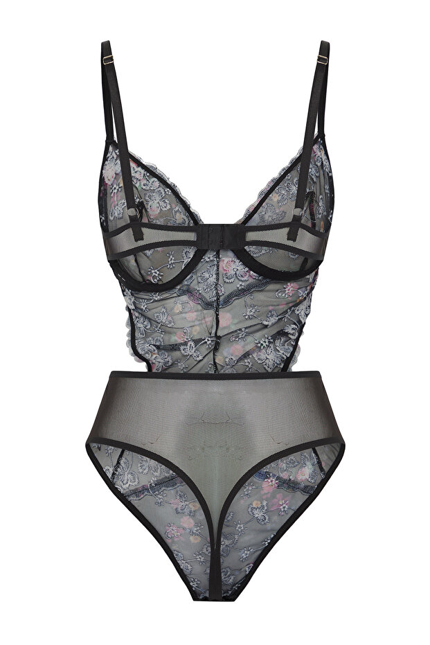 Siyah Dantel Brodeli Çiçekli Kapsız Çıtçıtlı Örme Body THMSS25BD00000 - 10