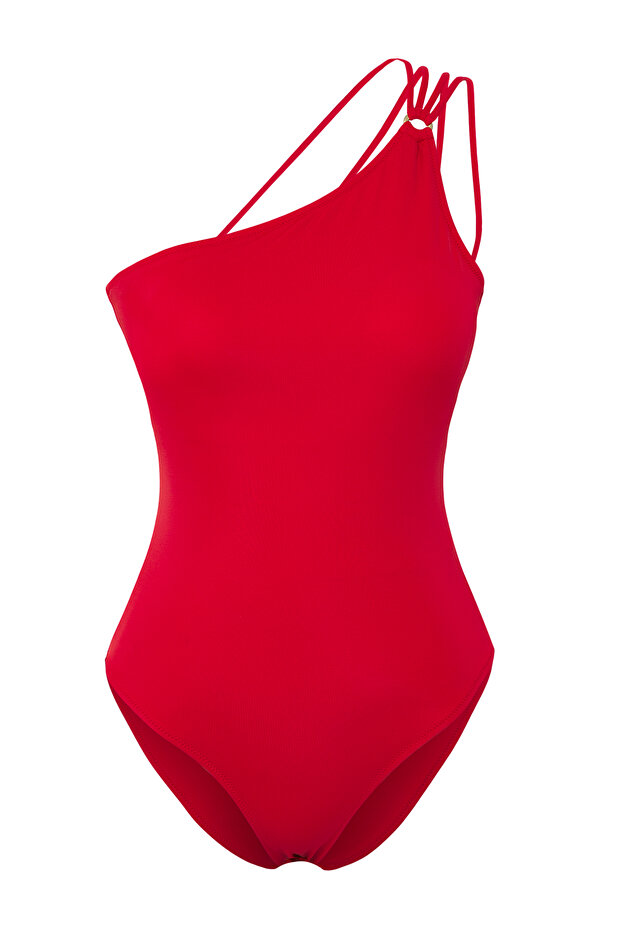 Czerwony kostium kąpielowy z dekoltem na plecach i jednym ramiączkiem TBESS25MA00036 - 5