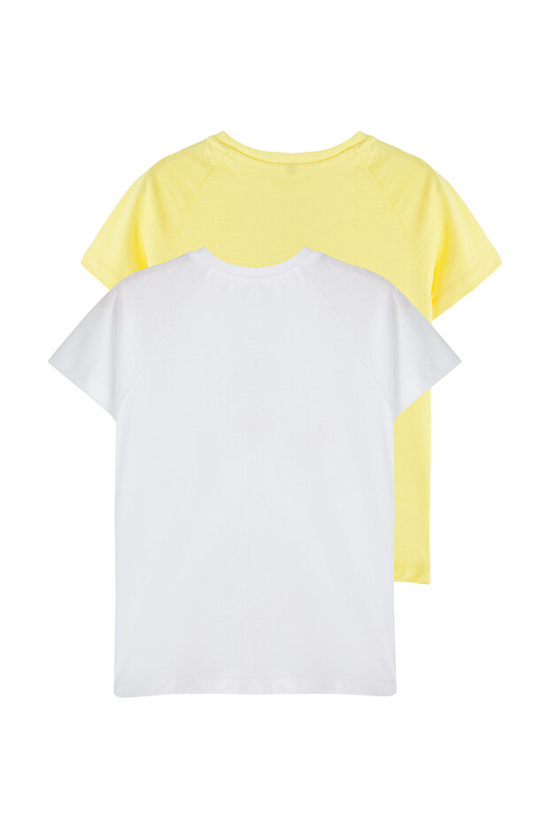 Beyaz-Sarı 2'li Kız Çocuk %100 Pamuk Meyve Baskılı Kısa Kol Örme T-Shirt TKDSS25TS00095 - 3