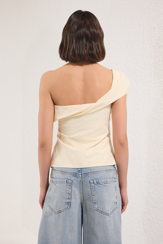 Açık Bej Taş Tek Omuz Slim Fit Dokuma Bluz TWOSS25BZ00522 - 4