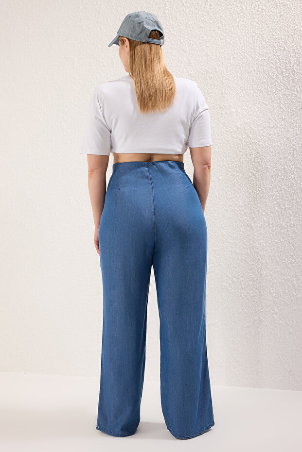 Koyu Mavi Yüksek Bel Geniş Paça Yazlık Tencel Büyük Beden Wide Leg Jeans TBBSS25CJ00021 - 4