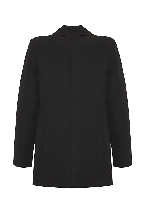 Siyah Oversize Astarlı Kruvaze Kapama Dokuma Blazer Ceket TWOAW21CE0145 - 11
