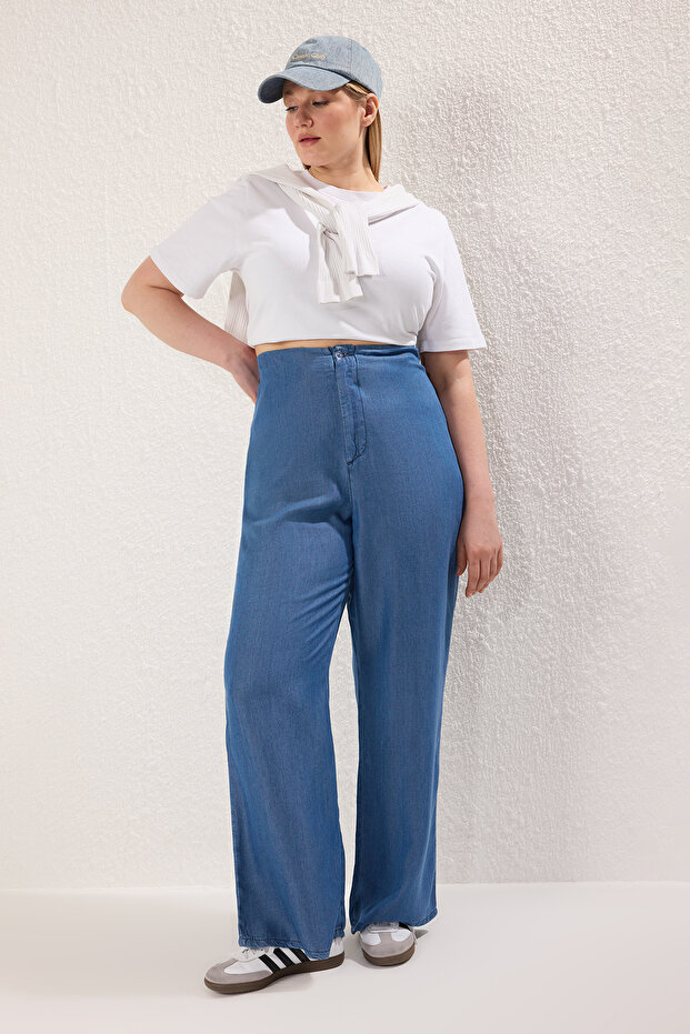 Koyu Mavi Yüksek Bel Geniş Paça Yazlık Tencel Büyük Beden Wide Leg Jeans TBBSS25CJ00021 - 1