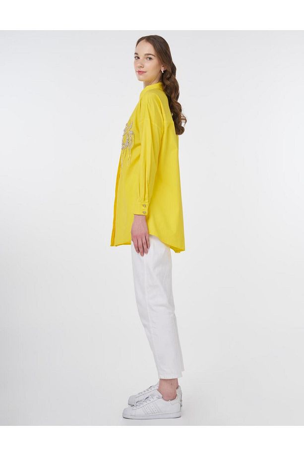 Taş İşlemeli Poplin Tunik Sarı - 4