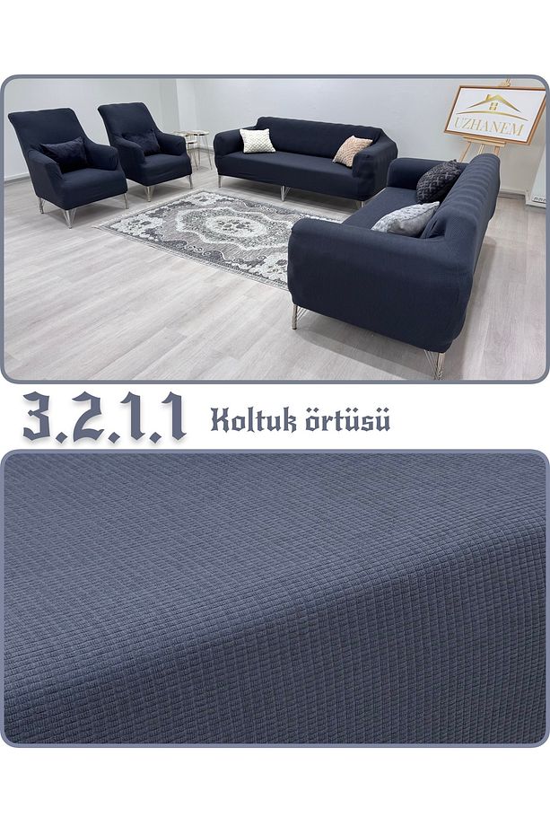 Likrali Koltuk Örtüsü 3+2+1+1 . Koltuk Kılıfı Lastikli Esnek Yikanabilir Kare Desen Berjer Antrasit - 1