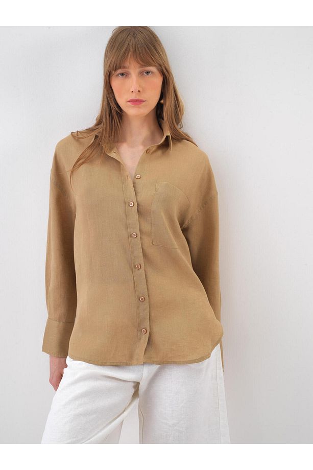 Kadın Camel Oversize Keten Basic Gömlek - 1