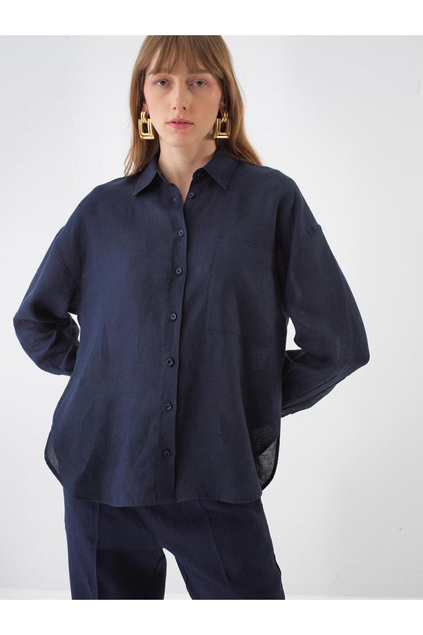 Kadın Lacivert Oversize Keten Basic Gömlek - 2