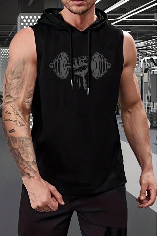 Men's Black Hooded Sleeveless Dumbell Gym Print Tshirt