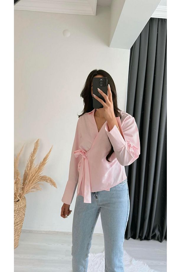 Ruffle Pembe Kruvaze Bağlamalı Gömlek - 6