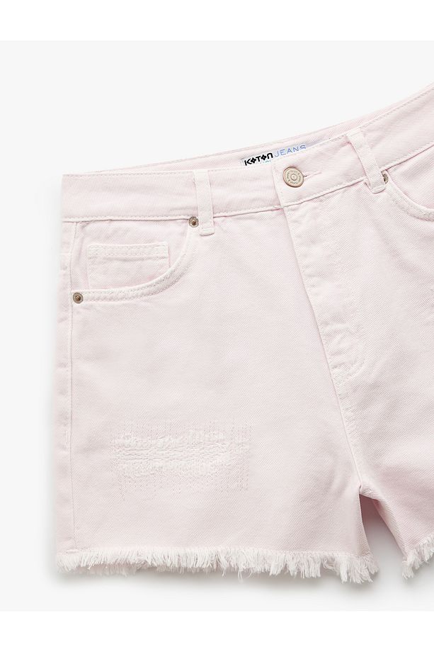 Normal Bel Pamuklu Cep Detaylı Saçaklı Paça Mini Jean Şort - 6