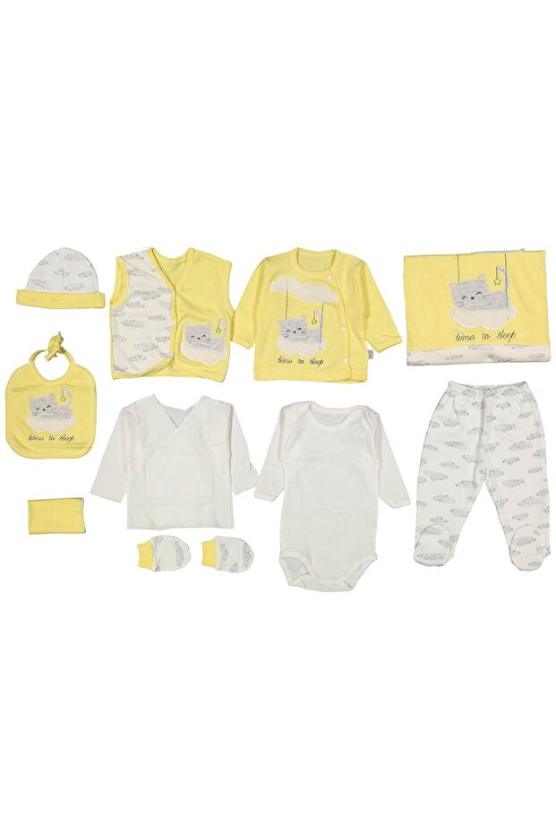 Yellow Cat Printed 10 Piece Unisex Hospital Exit Set