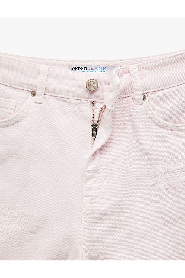 Normal Bel Pamuklu Cep Detaylı Saçaklı Paça Mini Jean Şort - 7