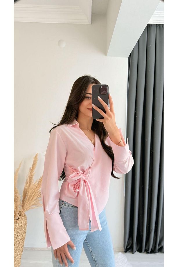 Ruffle Pembe Kruvaze Bağlamalı Gömlek - 7