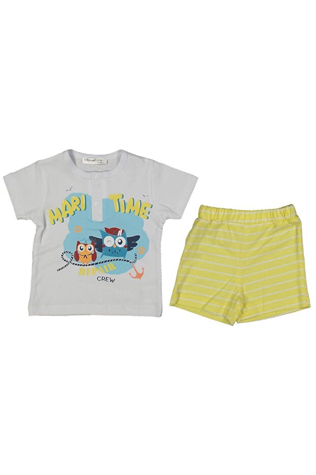 White Yellow Owl Printed Striped Shorts Set for Baby Boy