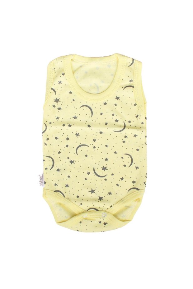 Yellow Unisex Bodysuit with Crescent and Star Pattern - Hanging