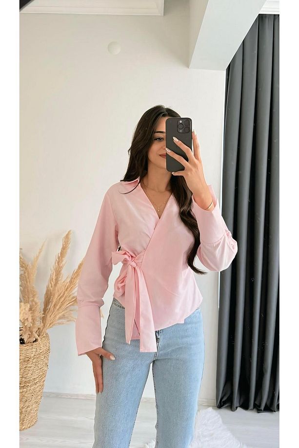Ruffle Pembe Kruvaze Bağlamalı Gömlek - 4