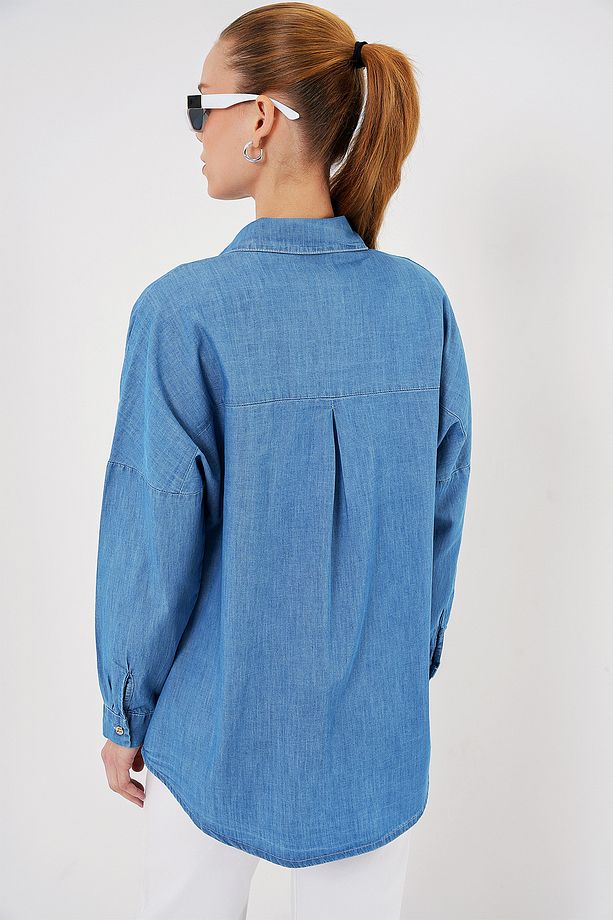 Kadın Oversize Kot Gömlek 20280 - Mavi - 6