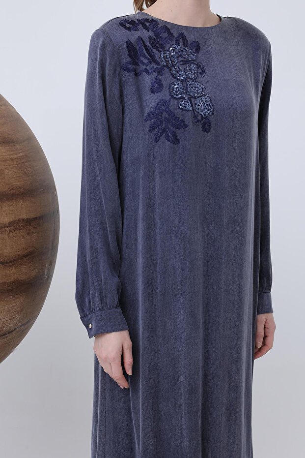 Kadın Önü Nakışlı Ve İşlemeli Elbise - 12597ELB - Lacivert - 3