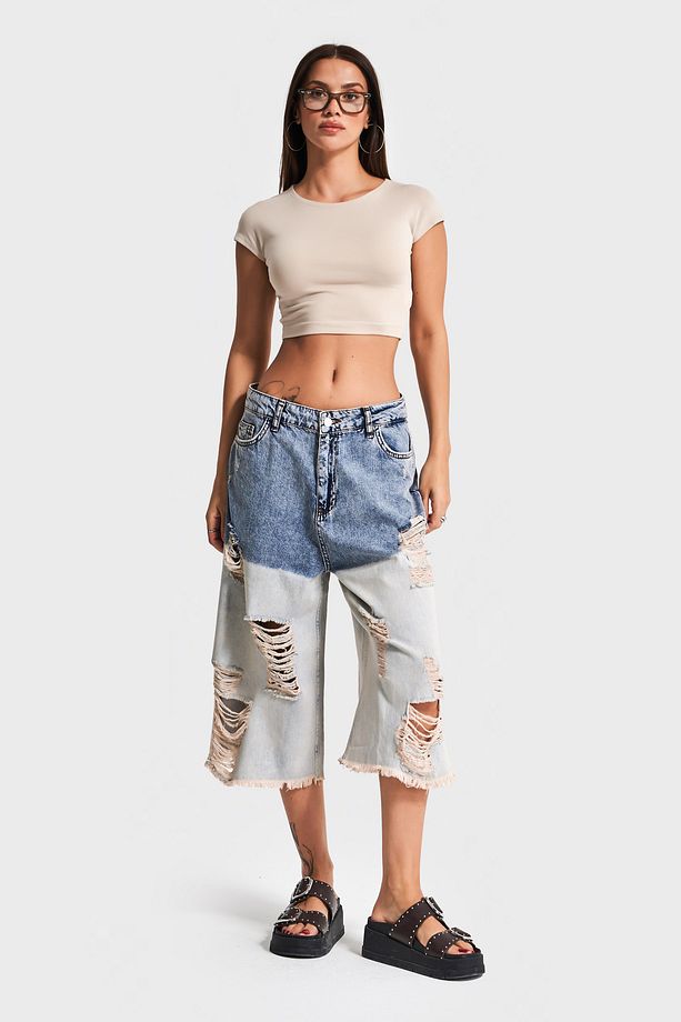 Kadın Kot Rengi Çift Renk Yırtık Detaylı Maxi Boy %100 Koton Tasarım Denim Bermuda Şort - 6