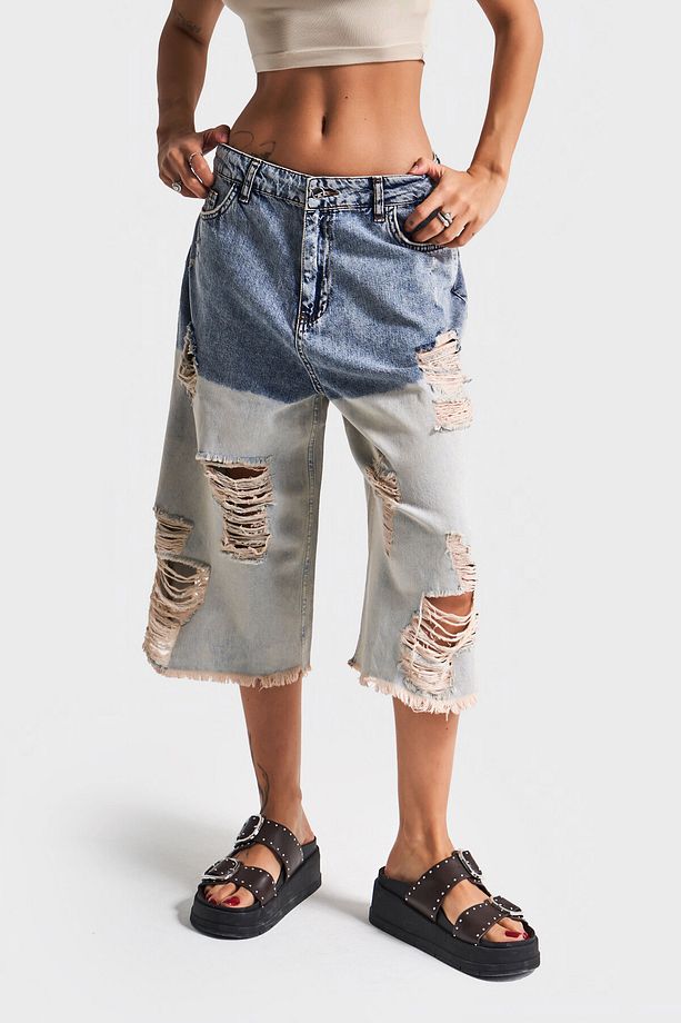 Kadın Kot Rengi Çift Renk Yırtık Detaylı Maxi Boy %100 Koton Tasarım Denim Bermuda Şort - 1