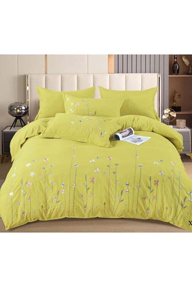 6pc Embroidered Premium Quality Pure Cotton King Size Yellow Comforter Set