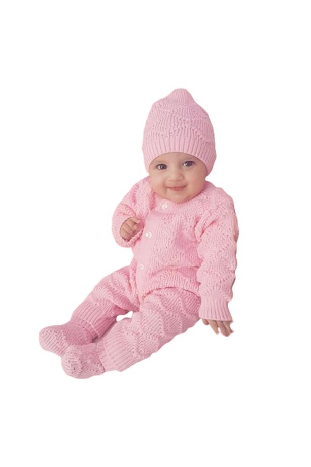 Pembe , Bereli Triko Kız Bebek Tulumu - 3