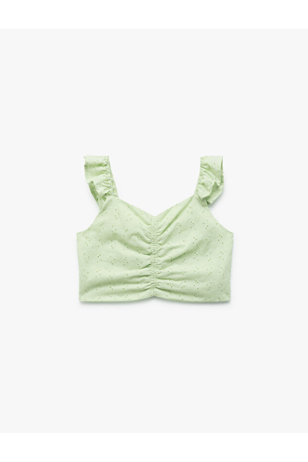Cotton V-Neck Gather Detailed Embroidered Ruffled Sleeveless Crop Blouse