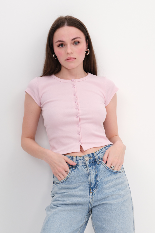 Düğmeli Basic T-shirt P0377 - 1