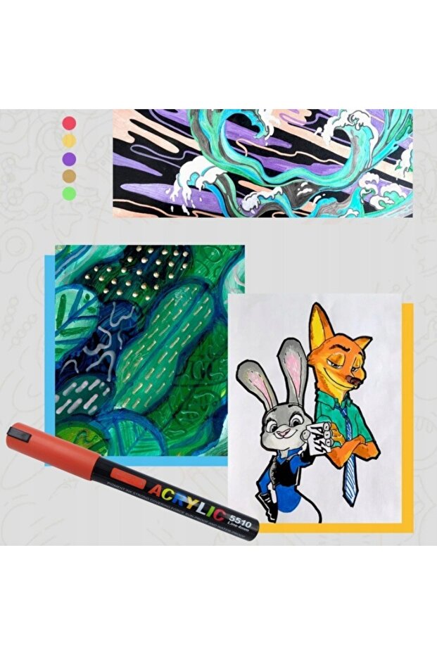 Set of 12 acrylic markers, 2 thin and thick heads, 0.4 mm tip, for various surfaces, quick drying - 16