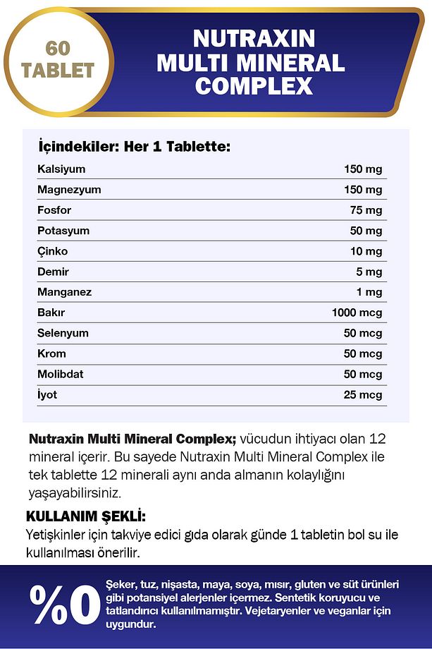 Multi Mineral Complex 60 Tablet Magnezyum, Kalsiyum, Çinko, Demir, İyot, Krom 2 adet - 8