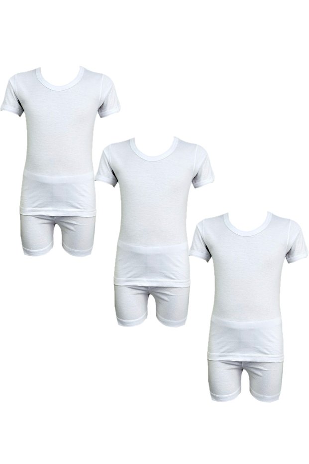 3 - Pieces Cotton Roundneck Undershirt and Short Underwear Boy Set White