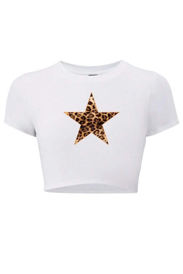 Women's Ciao Leopard Star Patterned Crop T-Shirt White