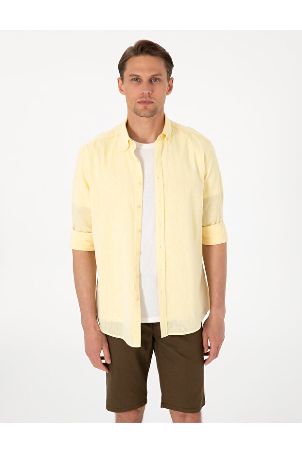 Yellow Linen Blended Regular Fit Long Sleeve Shirt 50303245-Vr044