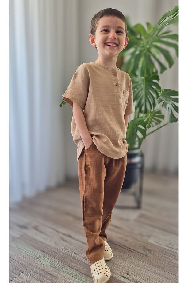 Natural Gömlek Acı Kahve Pantolon Müslin Takım (2-8 Yaş) MTYE0059 - 1
