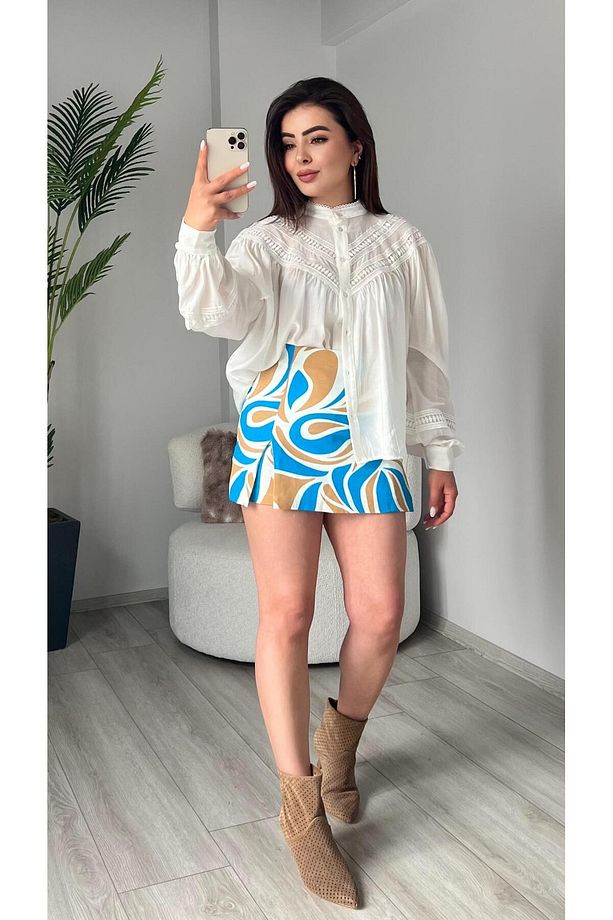 Desenli Önden Yırtmaçlı Şort Etek - 5