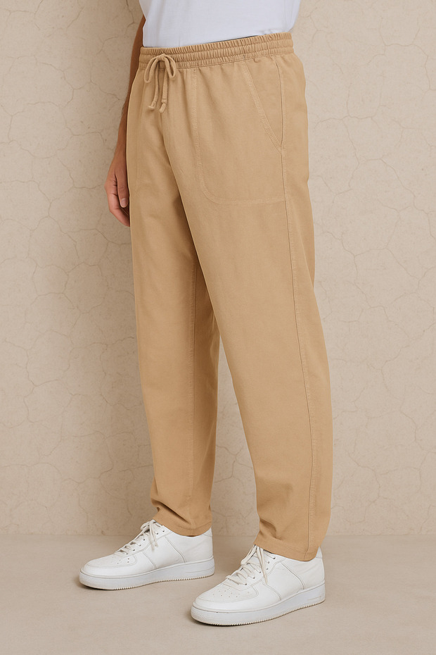 Men's Beige Linen Loose Cut Lace up Trousers
