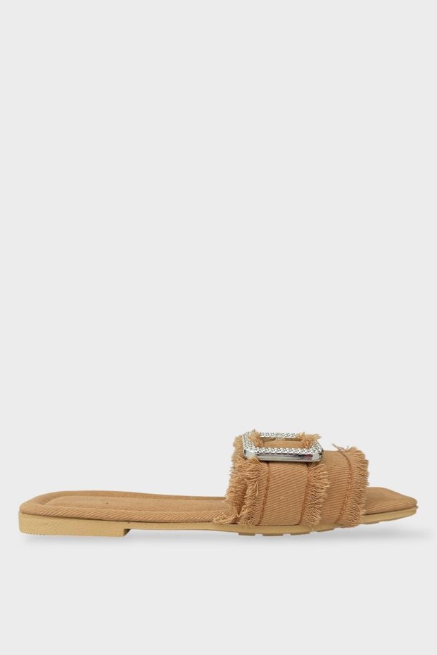 Women's Tassel Detail Buckle Denim Slippers Beige