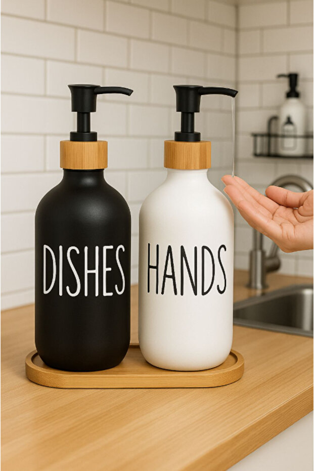 2-piece bamboo stand glass kitchen liquid soap dispenser set - bamboo stand soap dispenser black white 500ml+500ml