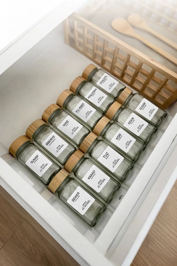 12’li Bambu Kapaklı Kare Cam Baharatlık Takımı / 40 Adet Etiket Hediyeli / 12 li Baharatlık Seti - 3
