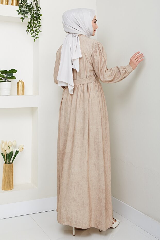 Çapraz Bağlamalı Bej Elbise - 4