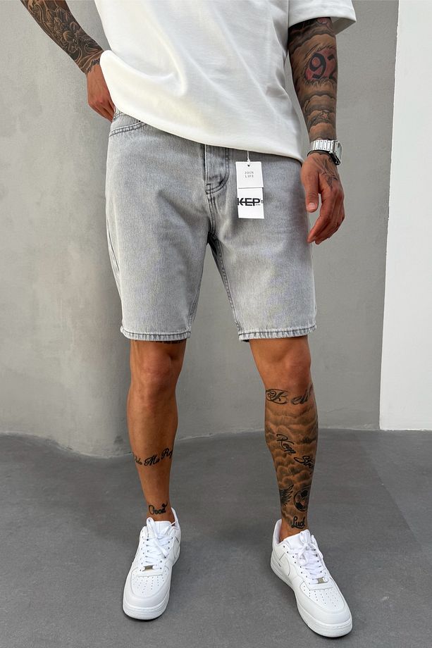 Gri Denim Kumaş Erkek Jean Kot Şort Mz467 - 3