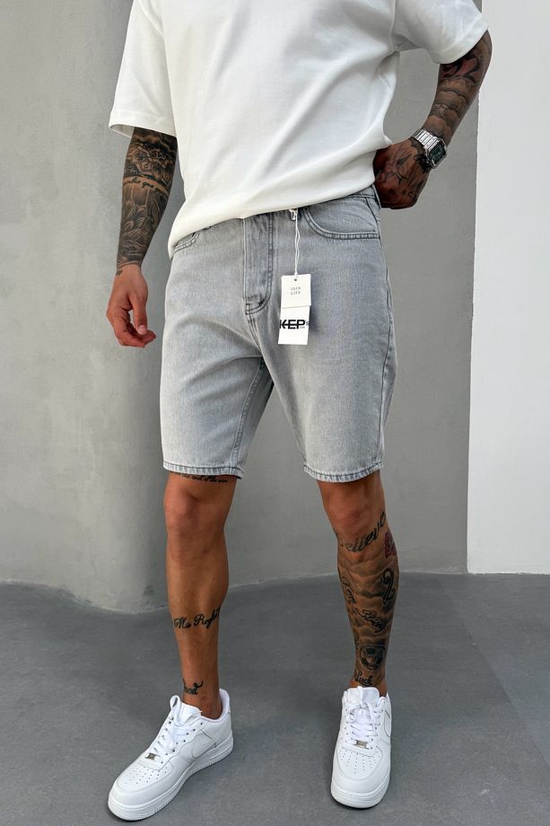 Gri Denim Kumaş Erkek Jean Kot Şort Mz467 - 5