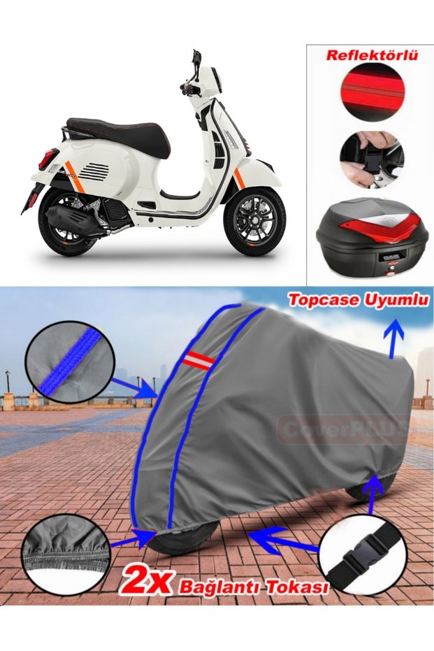Blue Stitched Gray Vespa Gts 125 Supertech Tarpaulin Topcase Rear Bag Compatible Motor Tarpaulin