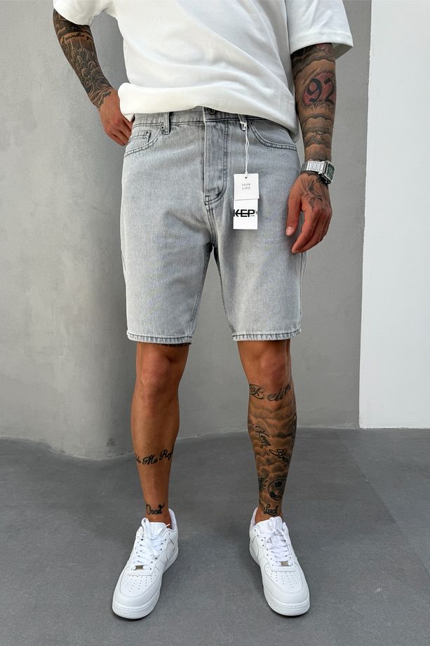 Gri Denim Kumaş Erkek Jean Kot Şort Mz467 - 1