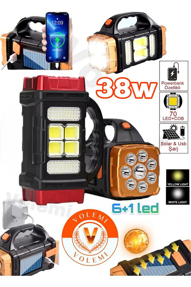 38w Güneş Enerjili Usb Şarjlı Uzun menzilli 4 Modlu Kamp Feneri El Feneri ışıldak - 1