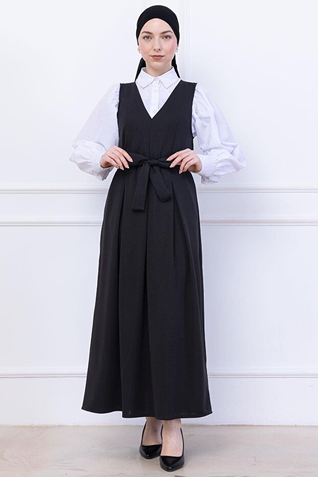 Belted Pleated Knitted Gilet Dress Black Hm2736